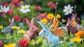 Whimsical Origami Bunnies Frolicking in Colorful Spring Meadow