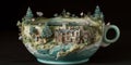 A whimsical, oversized teacup filled with a serene, miniature lake, inviting viewers to dive into the world of