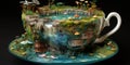 A whimsical, oversized teacup filled with a serene, miniature lake, inviting viewers to dive into the world of