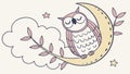 Whimsical Owl on Crescent Moon with Twigs, Nighttime Magic, vector design Generative AI Royalty Free Stock Photo
