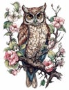 Whimsical Owl Perched on Flowering Tree Branch in Watercolor .