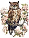 Whimsical Owl Perched on Flowering Tree Branch in Watercolor .