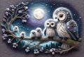 Whimsical Owls in Moonlit Forest Illustration Royalty Free Stock Photo