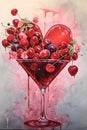 Whimsical painting of a cocktail with red ripe cherries in a martini glass. Generative AI Royalty Free Stock Photo