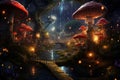 A whimsical painting of a forest illuminated by glowing mushrooms and enchanting lights, An enchanted forest with little magical