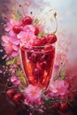 Whimsical painting of a glass of cherry juice with fresh cherries, flowers background. Generative AI Royalty Free Stock Photo
