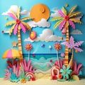 A whimsical paper art beach scene, featuring palm trees, an umbrella, and vibrant flora under a bright sun