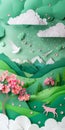 Whimsical Paper Art Landscape with Floral and Fauna Elements. Generative ai