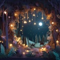 whimsical paper diorama collage, magical forest, Generative AI