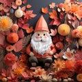 Whimsical Paper Gnome Amidst Fall Flowers - 3d Illustration