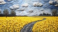 Whimsical Paper Sculpture: Yellow Flower Fields And Clouds