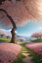 A whimsical park with peach blossoms tree, blue sky, falling petals, romantic athmosphere, nature view Royalty Free Stock Photo
