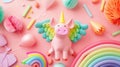 Whimsical party setup with a balloon unicorn, colorful decorations, and pastel tones on a pink background Royalty Free Stock Photo