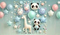 Whimsical pastel blue background with oversized balloons in animal shapes unicorns, pandas, and giraffes floating