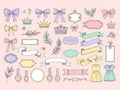 Whimsical pastel hand drawn elements featuring bows crowns ribbons and decorative frames on pink background Royalty Free Stock Photo