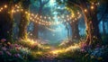 Enchanted forest path with magical string lights and glowing flowers at twilight. Royalty Free Stock Photo