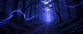 Whimsical Pathway A Dark and Mysterious Forest Illuminated by a Violet Haze Royalty Free Stock Photo
