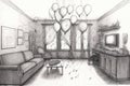 a whimsical pencil sketch of a living room filled with balloons, streamers, and confetti