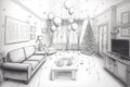 a whimsical pencil sketch of a living room filled with balloons, streamers, and confetti