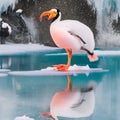 A whimsical penguin with flamingo legs, waddling gracefully on a surreal icy landscape1, Generative AI