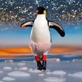 A whimsical penguin with flamingo legs, waddling gracefully on a surreal icy landscape3, Generative AI