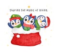 Whimsical Penguin Friends in Giant Santa Sack, Cartoon Christmas Watercolor Illustration