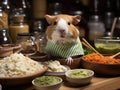 Guinea pig baking with mini bowl and whisk