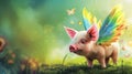 A whimsical piglet with colorful wings stands in a sunny, magical meadow.