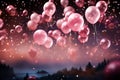 Whimsical pink balloon pattern decorates a lively party under twinkling stars.