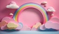 A whimsical pink scene features a rainbow arch amid pastel clouds, creating a circular frame Royalty Free Stock Photo
