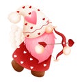 Whimsical pink valentine gnome boy illustration with red bow and arrow.Cupid gnome clipart