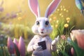 Cartoon Easter Bunny Businesswoman with Spring Flowers. Generative AI