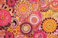 Whimsical and Playful Mandala Pattern in Bright Pinks and Yellows with Quirky Shapes and Doodles