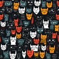 Whimsical and playful seamless pattern with adorable happy cats in various poses and expressions