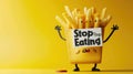 Whimsical plea: cartoon characters, fast food holding a sign 'Stop Eating Us.' A playful take on the concept of Royalty Free Stock Photo