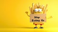 Whimsical plea: cartoon characters, fast food holding a sign 'Stop Eating Us.' A playful take on the concept of Royalty Free Stock Photo