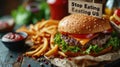 Whimsical plea: cartoon characters, fast food holding a sign 'Stop Eating Us.' A playful take on the concept of Royalty Free Stock Photo