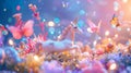 A whimsical podium with a touch of fairy dust featuring a magical meadow filled with unicorns butterflies and shimmering