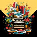 Whimsical Pop Art Illustration: Enchanting Typewriter with Floating Books