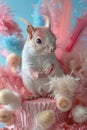 Whimsical Portrait of a Cute Squirrel Amongst Soft Feathers and Pastel Shells, Fantasy Wildlife Photography, Dreamy Animal Image Royalty Free Stock Photo