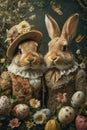 Enchanting Easter Bunnies in Vintage Attire Among Spring Flowers