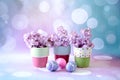 Whimsical pots and easter eggs with purple lilacs