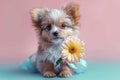 Whimsical Puppy Embracing Spring With a Delicate Gerbera Daisy on Pastel Background. Generative AI