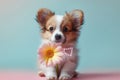 Whimsical Puppy Embracing Spring With a Delicate Gerbera Daisy on Pastel Background. Generative AI