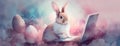 Whimsical rabbit with a cosmic twist engaging with technology