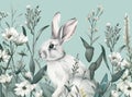 Whimsical rabbit scene butterfly flutters over bunny in flower-filled field on blue. Generated AI