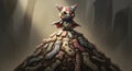 A whimsical ragdoll cat creature with patchwork features stands atop a mountain of lost socks in a fantasy illustration Royalty Free Stock Photo
