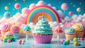 Whimsical rainbow cupcake scene with pastel treats and candy. Generative AI Royalty Free Stock Photo