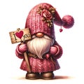 Whimsical red Gnome Valentines wear red long woolen hat. with wood sign I LOVE You, watercolour clipart Royalty Free Stock Photo