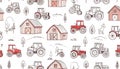A whimsical, repeating pattern featuring hand-drawn red tractors Royalty Free Stock Photo